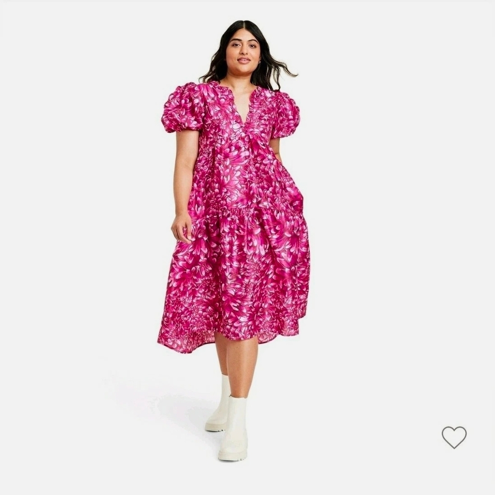 Kika Vargas × Target Vibrant Pink Floral Puff Sleeve Dress Size S